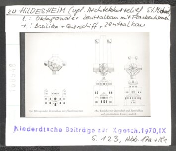 Vorschaubild zu Hildesheim, St. Michael: links: oktogonaler Zentralbau mit Flankentürmen, rechts: Basilika, Querschiff und Zentralbau Diasammlung